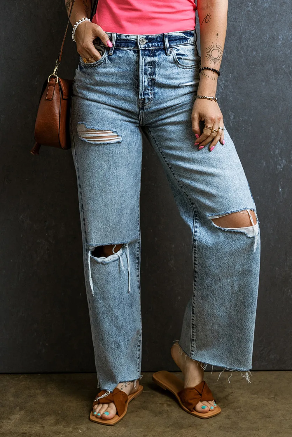 Light Blue Distressed Ripped Raw Hem Straight Jeans sold by Beagle Boutique product image thumbnail 4