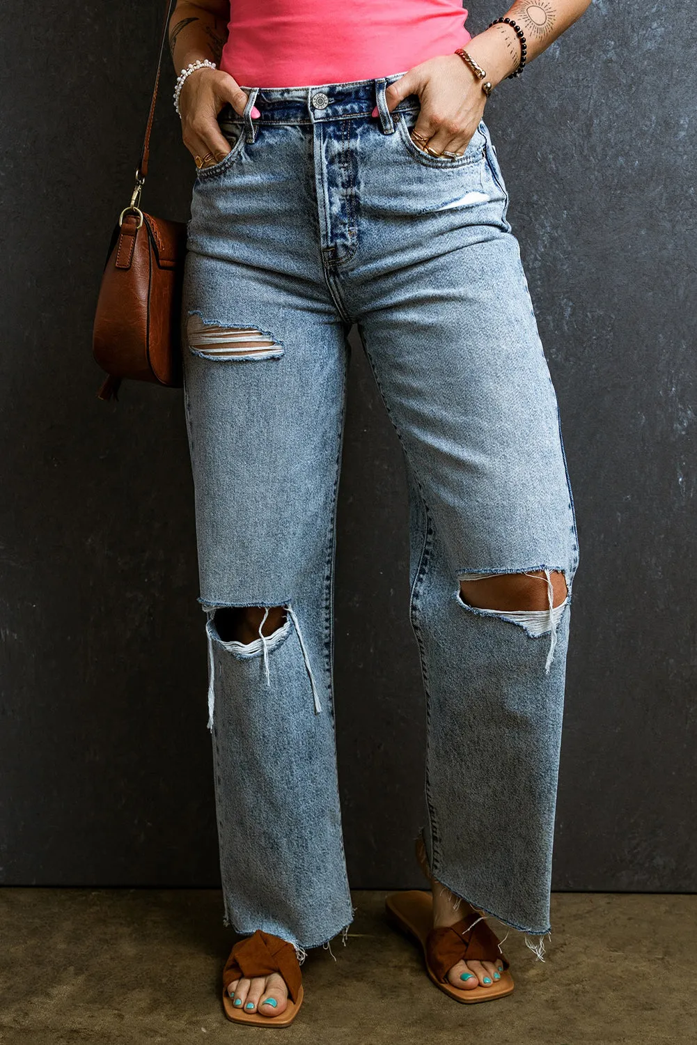Light Blue Distressed Ripped Raw Hem Straight Jeans sold by Beagle Boutique