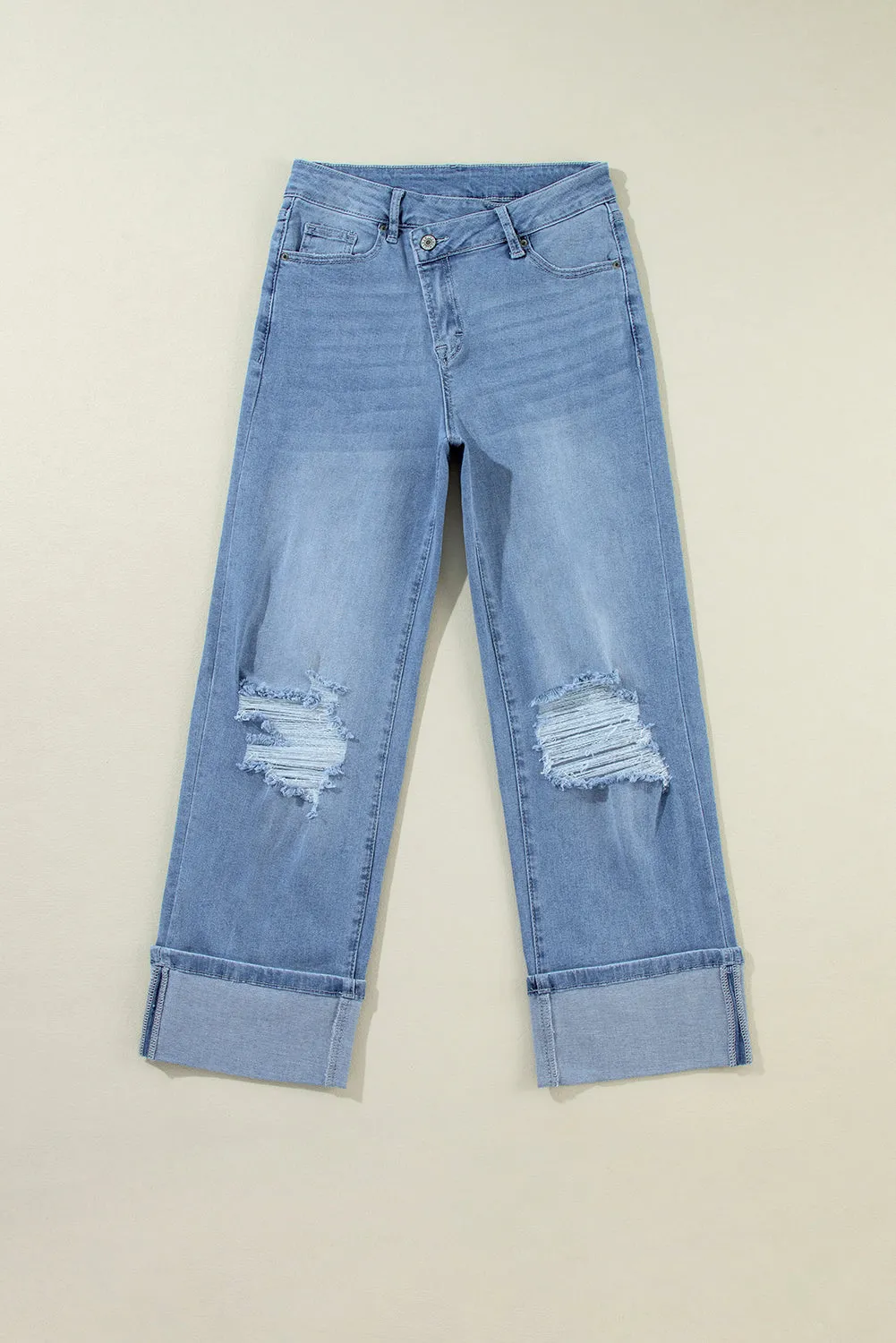 High Rise Asymmetric Button Zip Fly Ripped Jeans sold by Beagle Boutique product image thumbnail 4