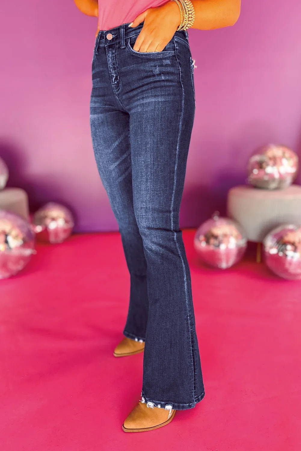 Wild Wind Medium Wash High Waist Split Flared Jeans sold by Beagle Boutique product image thumbnail 3