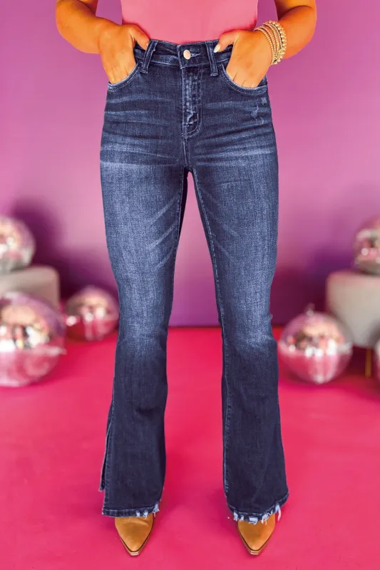 Wild Wind Medium Wash High Waist Split Flared Jeans sold by Beagle Boutique
