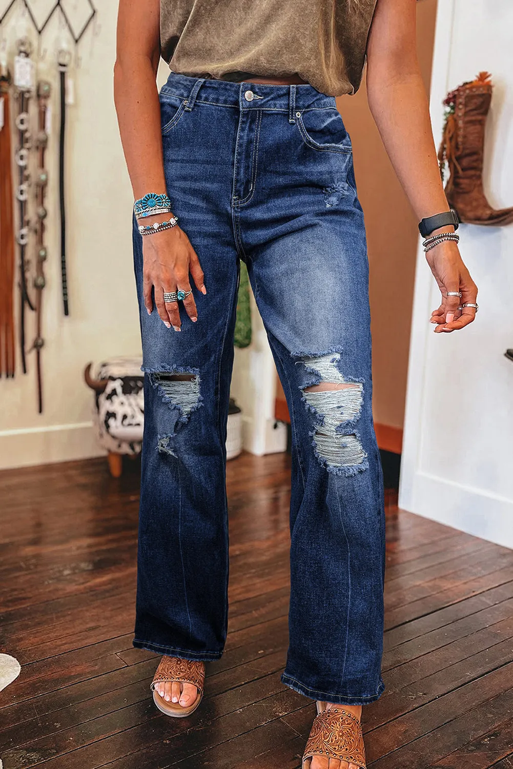 Dusk Blue Mineral Wash High Rise Ripped Jeans sold by Beagle Boutique