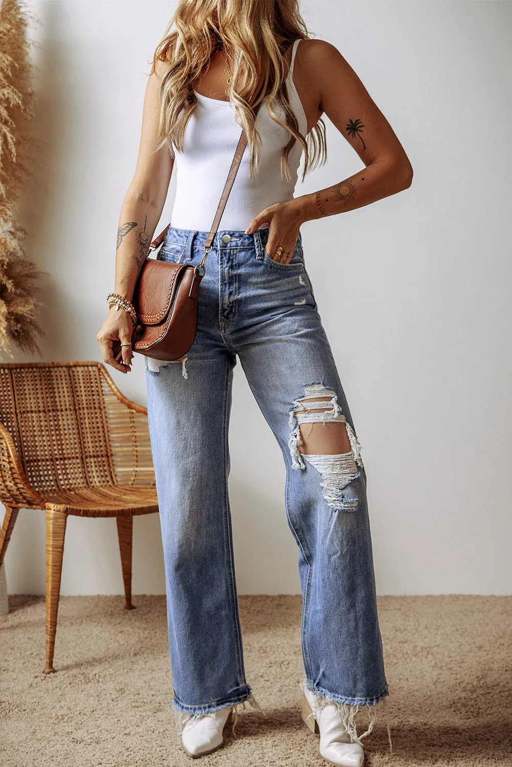 Ashleigh Blue Distressed Raw Hem Straight Leg High Waist Jeans sold by Beagle Boutique product image thumbnail 4