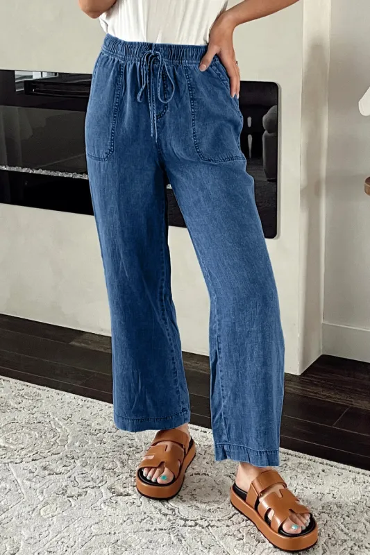 Sail Blue Mineral Wash Drawstring Waist Loose Straight Denim Trousers sold by Beagle Boutique