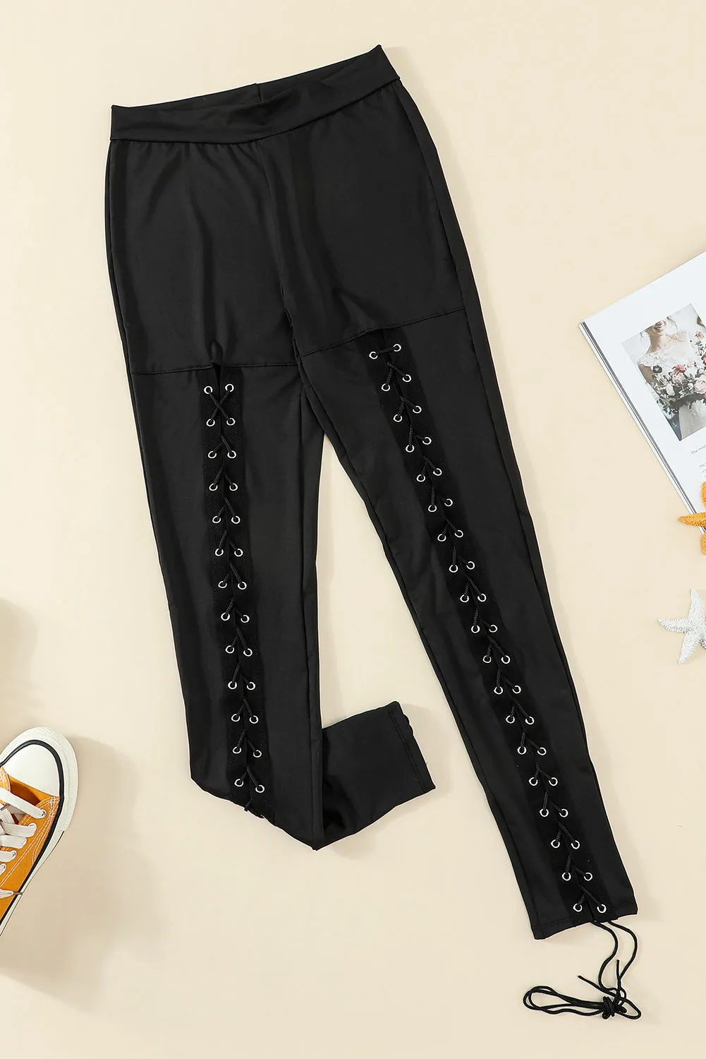 Black Grommet Lace Up Front Leggings sold by Beagle Boutique product image thumbnail 5