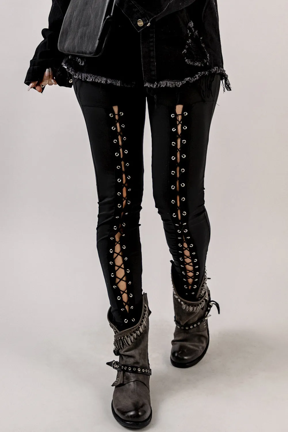 Black Grommet Lace Up Front Leggings sold by Beagle Boutique product image thumbnail 4