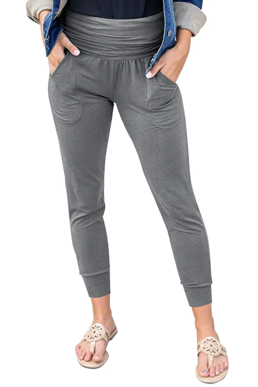 Grey High Waist Pleated Pocket Leggings sold by Beagle Boutique product image thumbnail 4