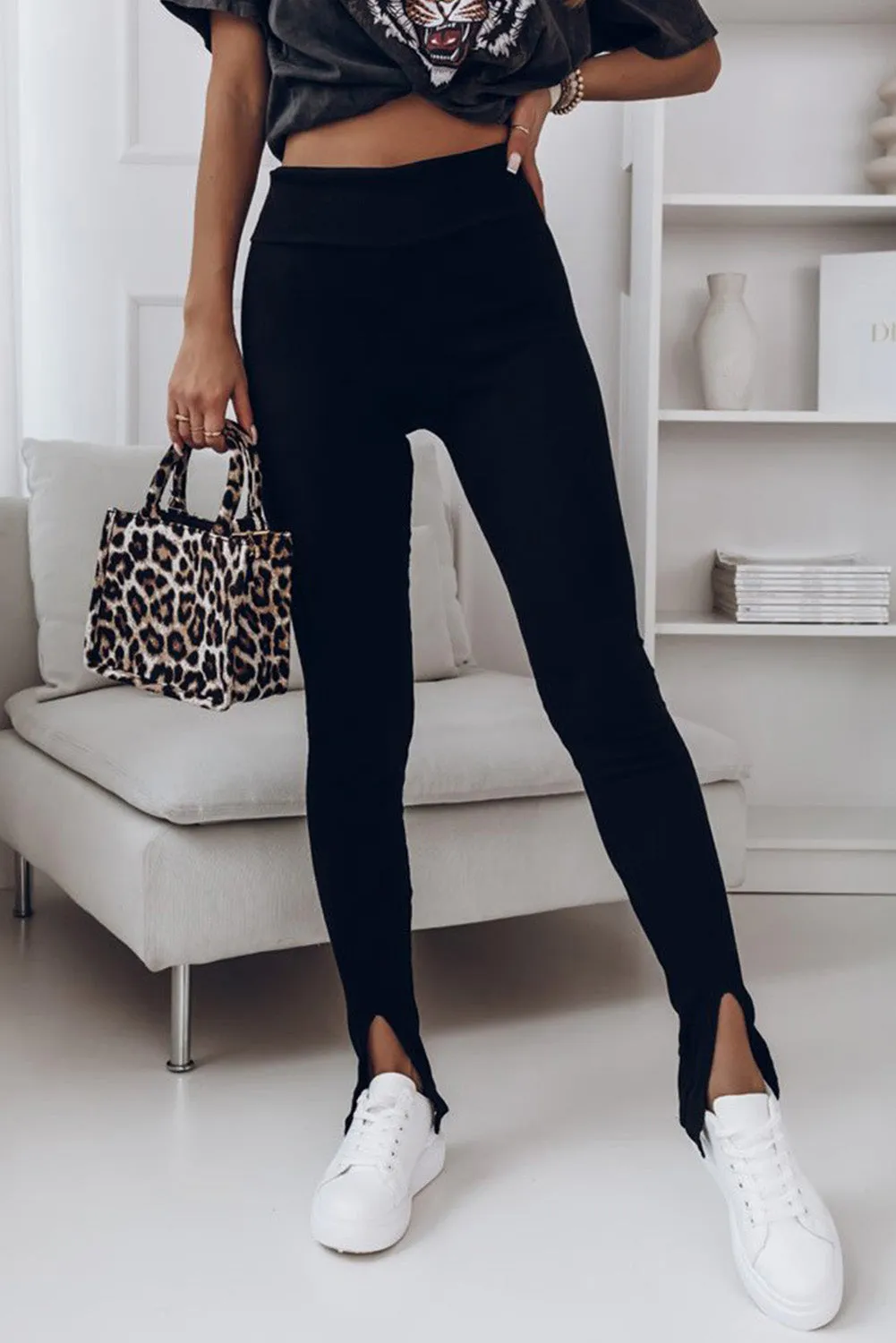 Black Rib Knit High Waist Slit Leggings sold by Beagle Boutique product image thumbnail 2