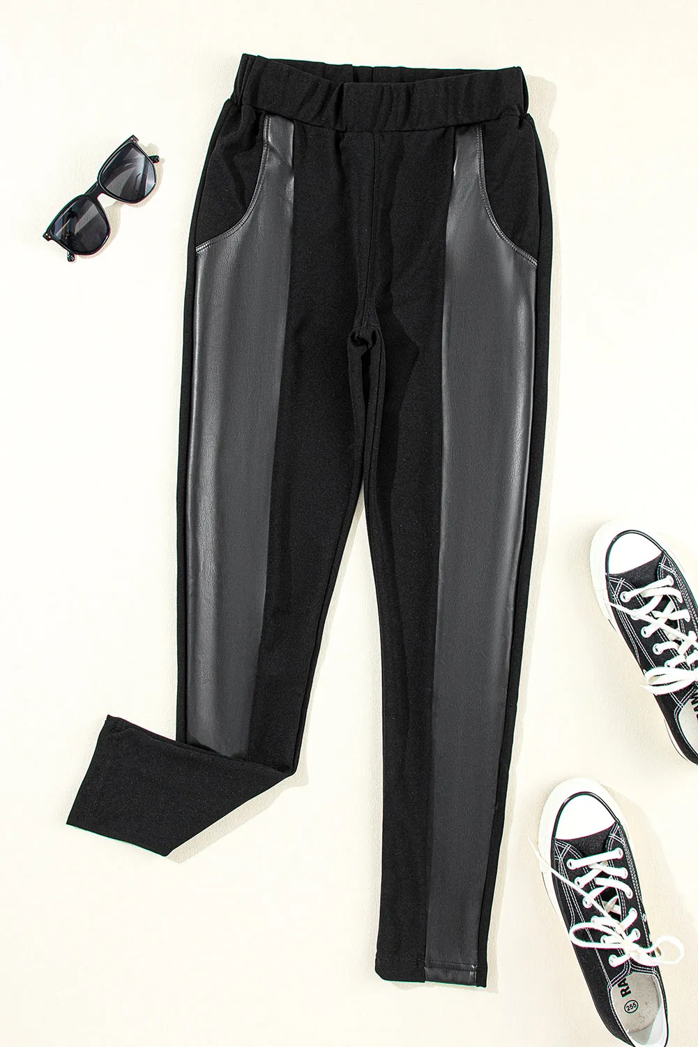 Black Leather Panel Patchwork High Waist Leggings sold by Beagle Boutique product image thumbnail 5