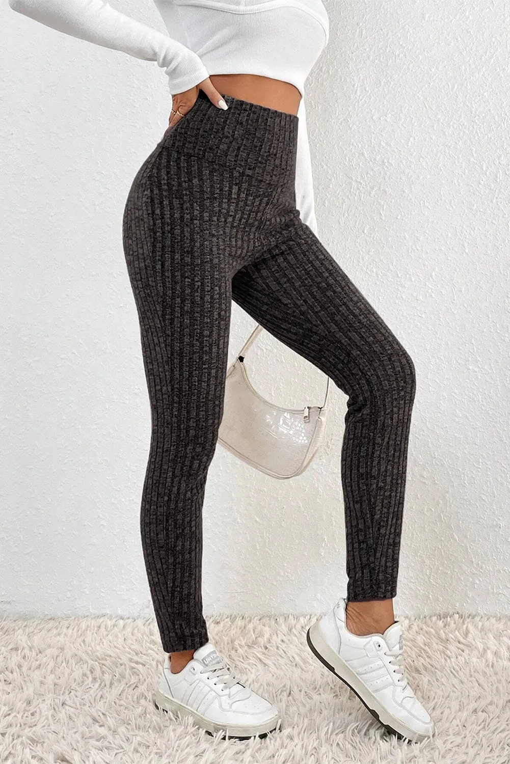 Dark Grey Wide Waistband Ribbed Textured Knit Leggings sold by Beagle Boutique product image thumbnail 3