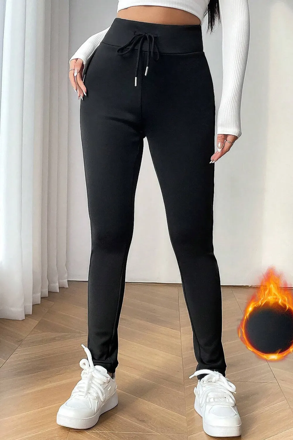 Black Solid Drawstring Waist Thermal Lined Leggings sold by Beagle Boutique product image thumbnail 4