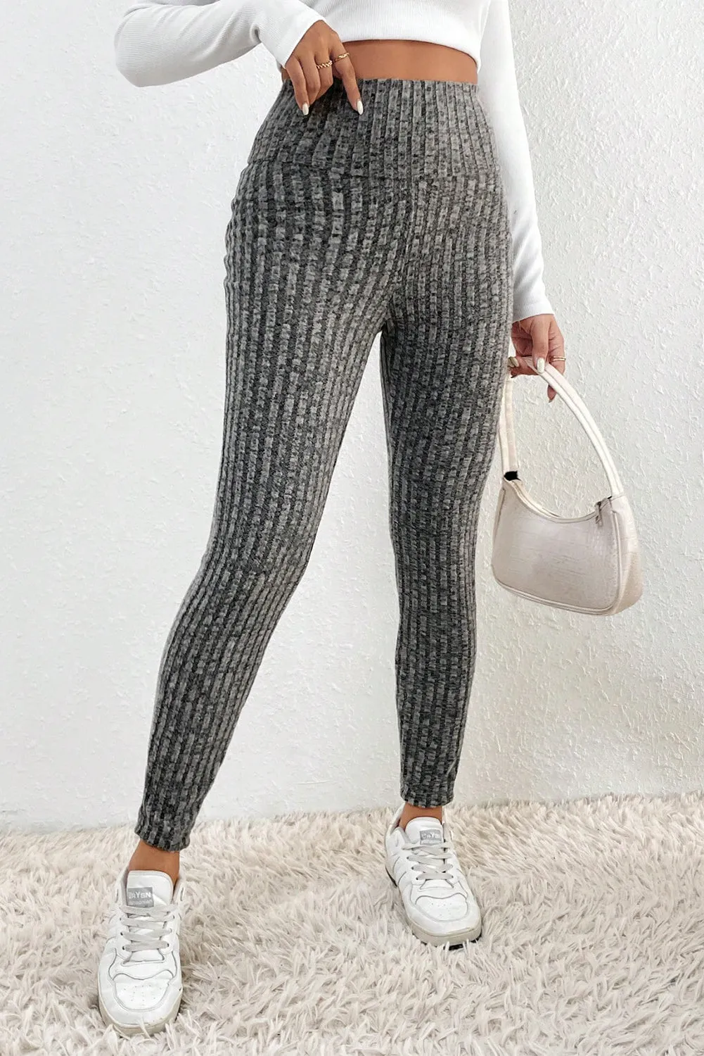 Grey Wide Waistband Ribbed Textured Knit Leggings sold by Beagle Boutique product image thumbnail 5
