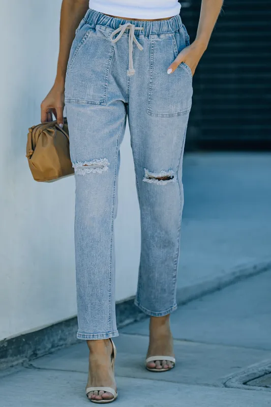 Sky Blue Gather Round Distressed Pocketed Denim Jogger sold by Beagle Boutique