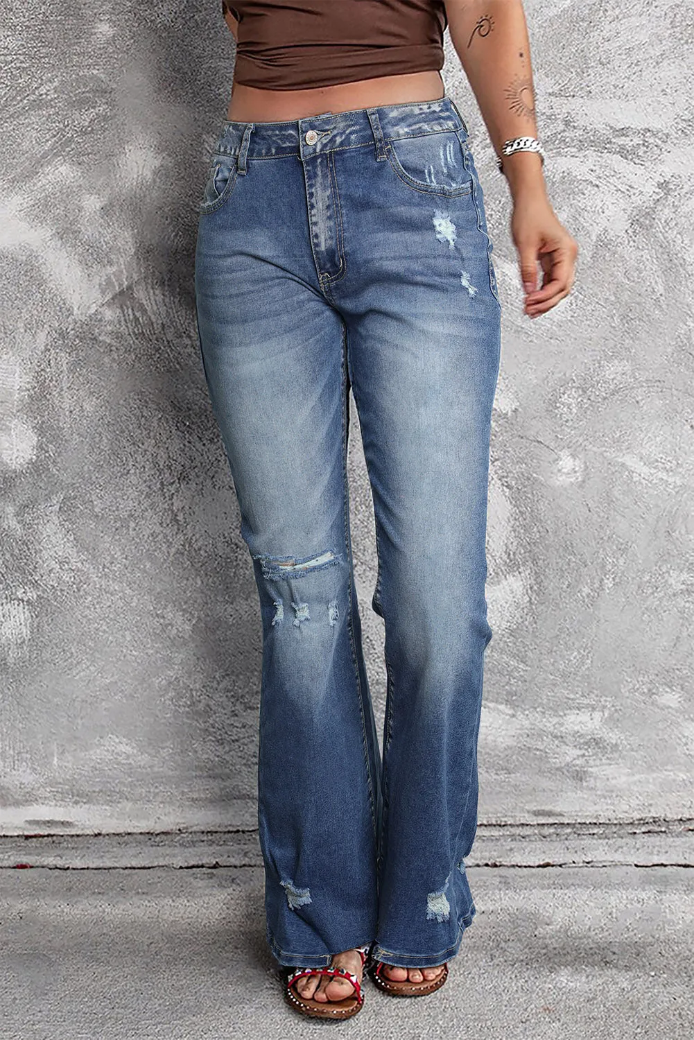 Blue Distressed Flare Jeans sold by Beagle Boutique product image thumbnail 4
