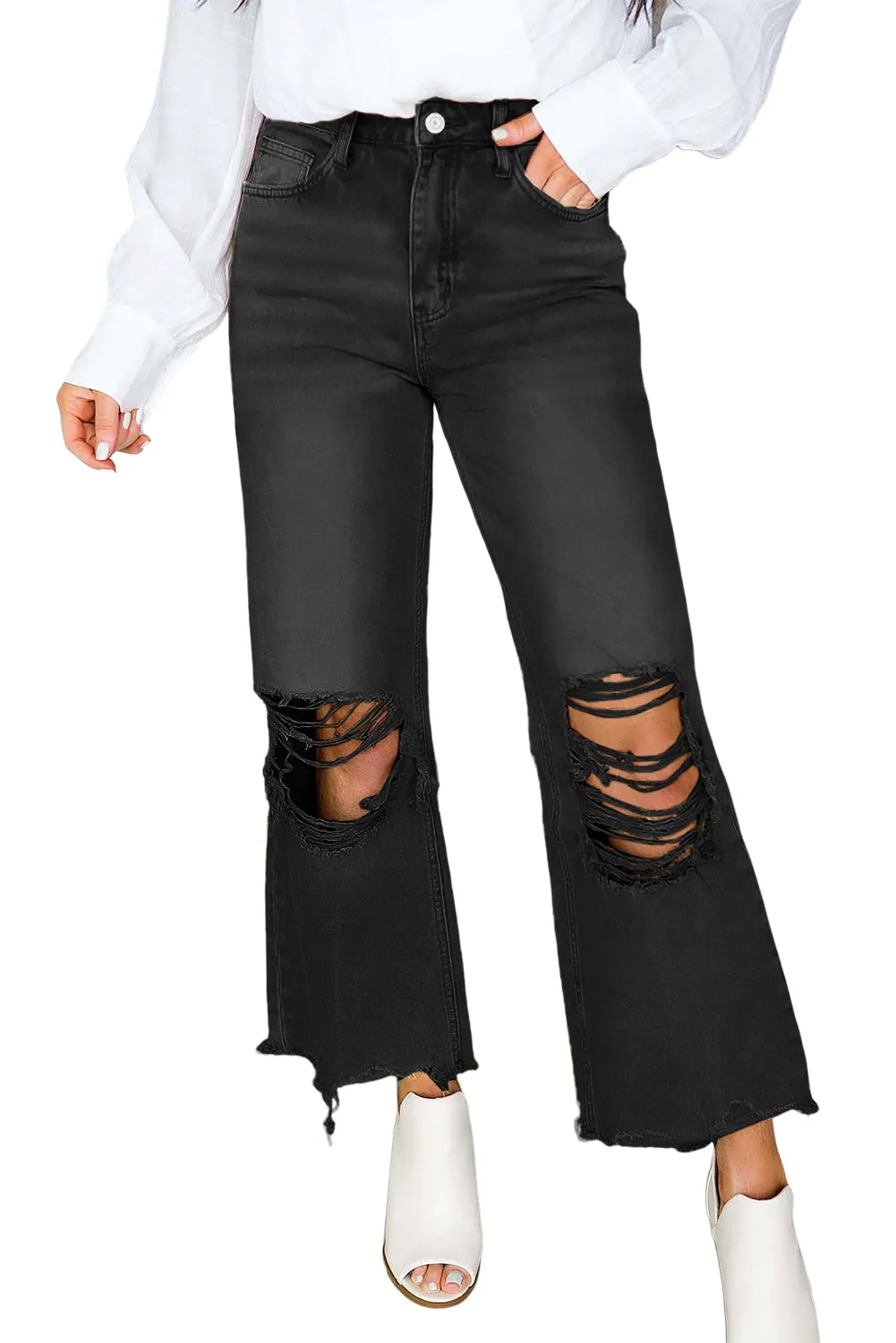 Black Distressed Hollow-out High Waist Cropped Flare Jeans sold by Beagle Boutique product image thumbnail 4