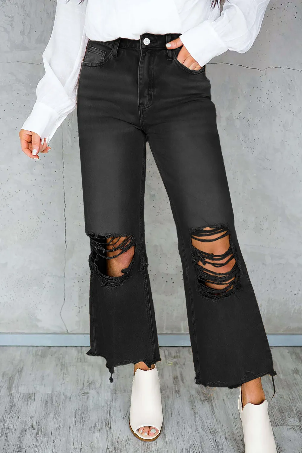 Black Distressed Hollow-out High Waist Cropped Flare Jeans sold by Beagle Boutique