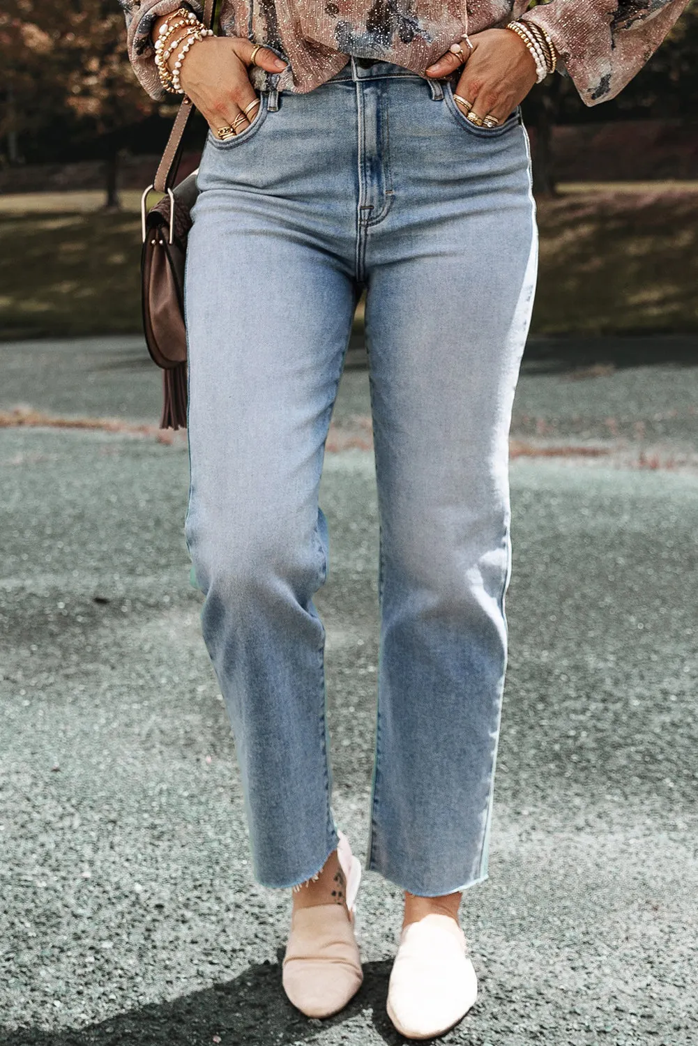 Light Blue Acid Wash Raw Edge Straight Jeans sold by Beagle Boutique