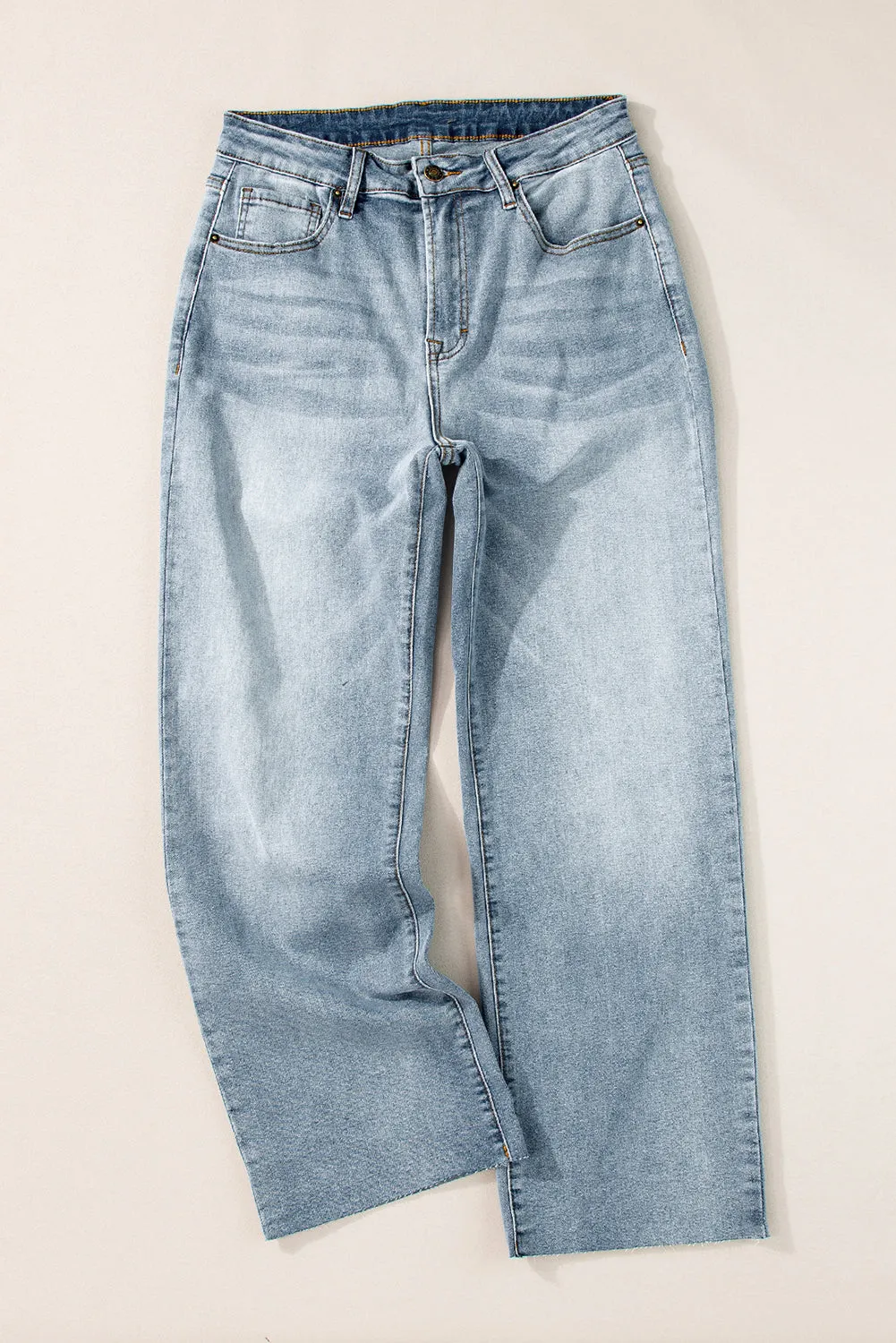Light Blue Acid Wash Raw Edge Straight Jeans sold by Beagle Boutique product image thumbnail 5