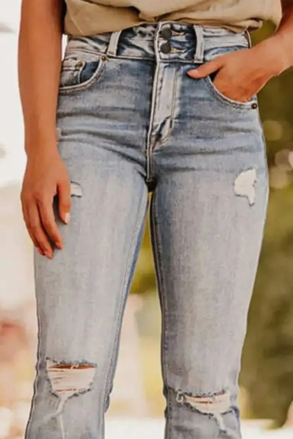 Dusk Blue Vintage Light Wash Ripped Raw Edge Flare Jeans sold by Beagle Boutique product image thumbnail 3
