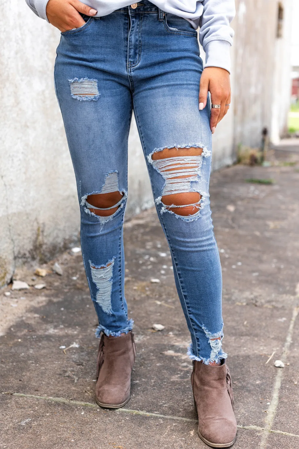 Sky Blue High Waist Distressed Skinny Jeans sold by Beagle Boutique