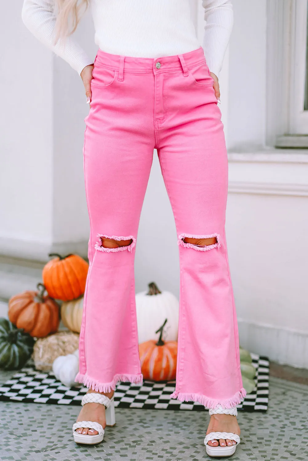 Pink Vintage High Waist Flare Leg Ripped Raw Hem Jeans sold by Beagle Boutique product image thumbnail 4