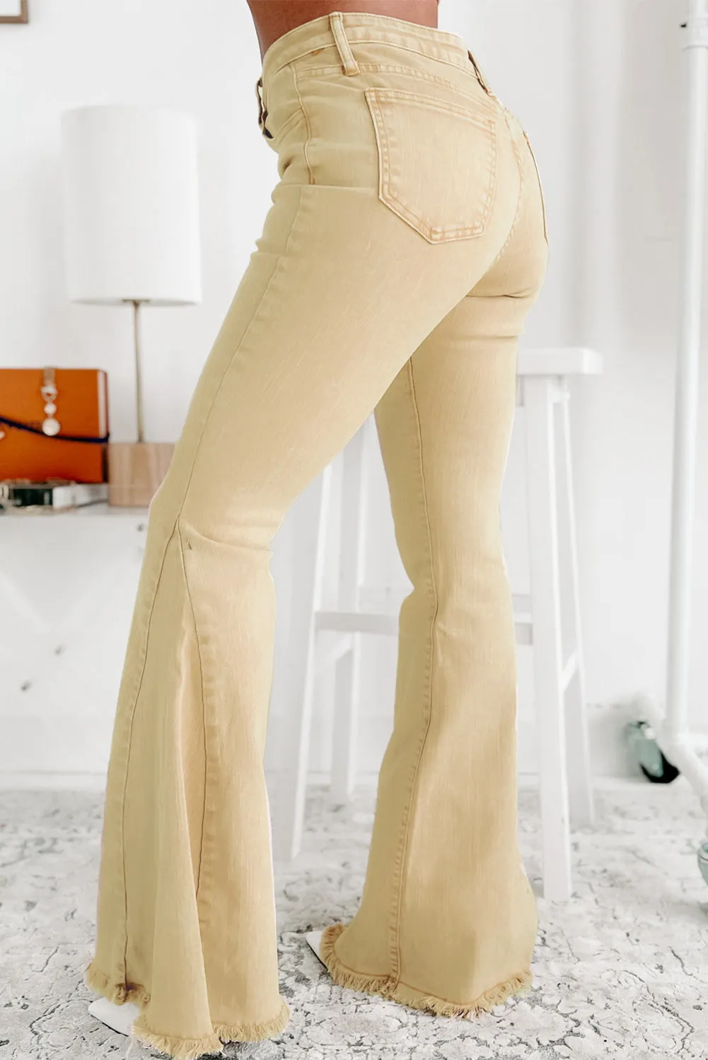 Khaki Raw Edge Mid Waist Flared Jeans sold by Beagle Boutique product image thumbnail 2