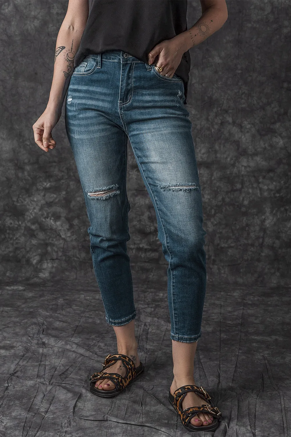 Blue Distressed Ripped Skinny Jeans sold by Beagle Boutique product image thumbnail 5