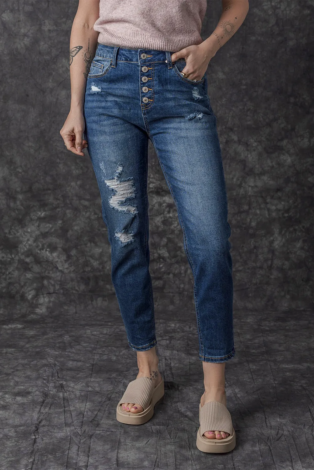Blue Distressed Button Fly High Waist Skinny Jeans sold by Beagle Boutique product image thumbnail 4