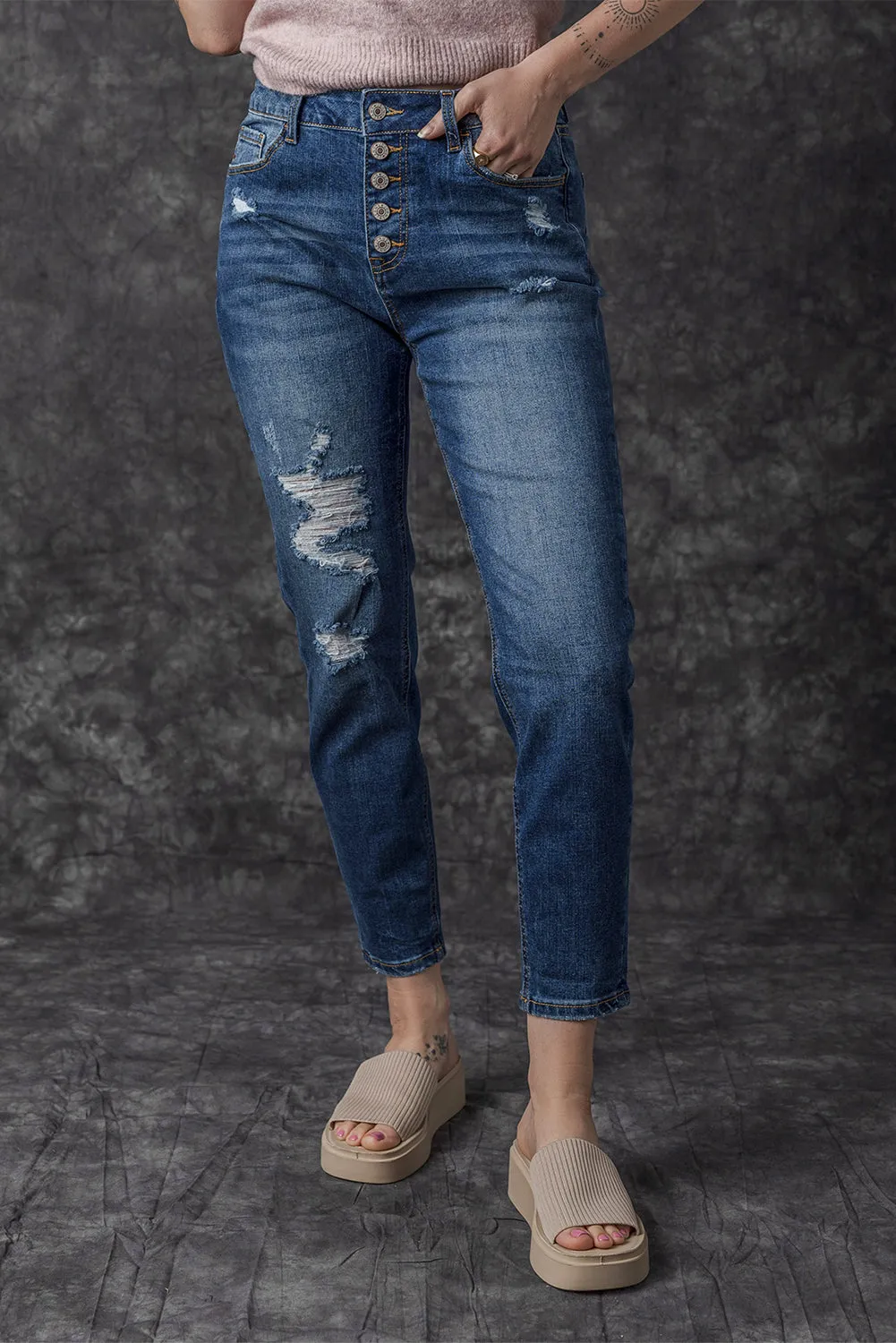 Blue Distressed Button Fly High Waist Skinny Jeans sold by Beagle Boutique product image thumbnail 3