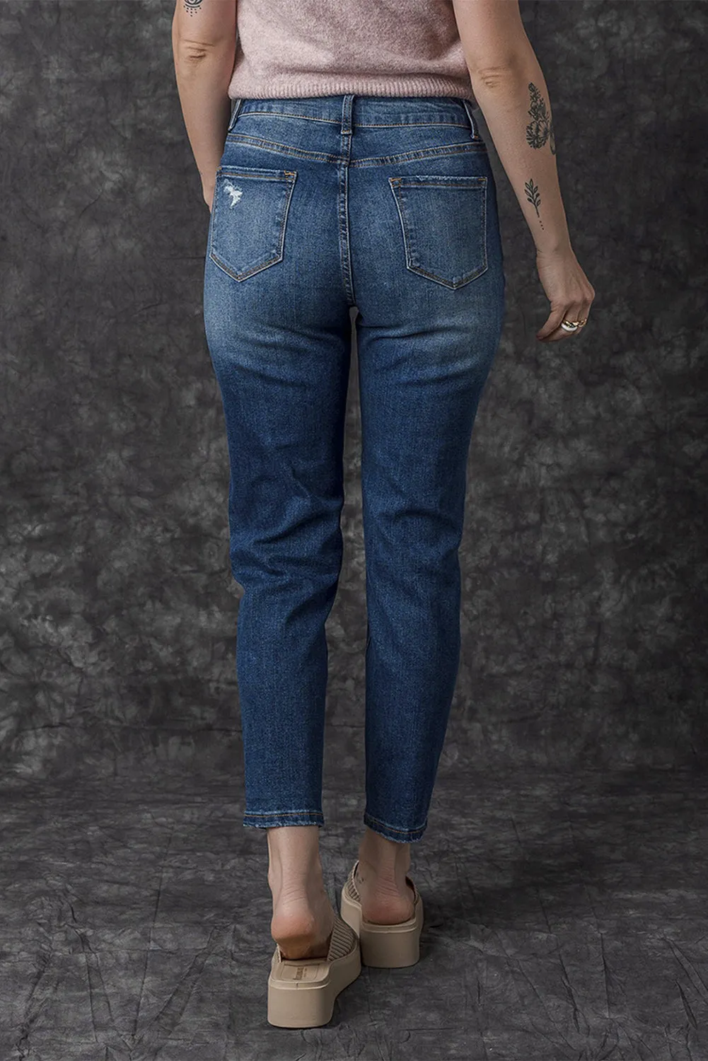 Blue Distressed Button Fly High Waist Skinny Jeans sold by Beagle Boutique product image thumbnail 2