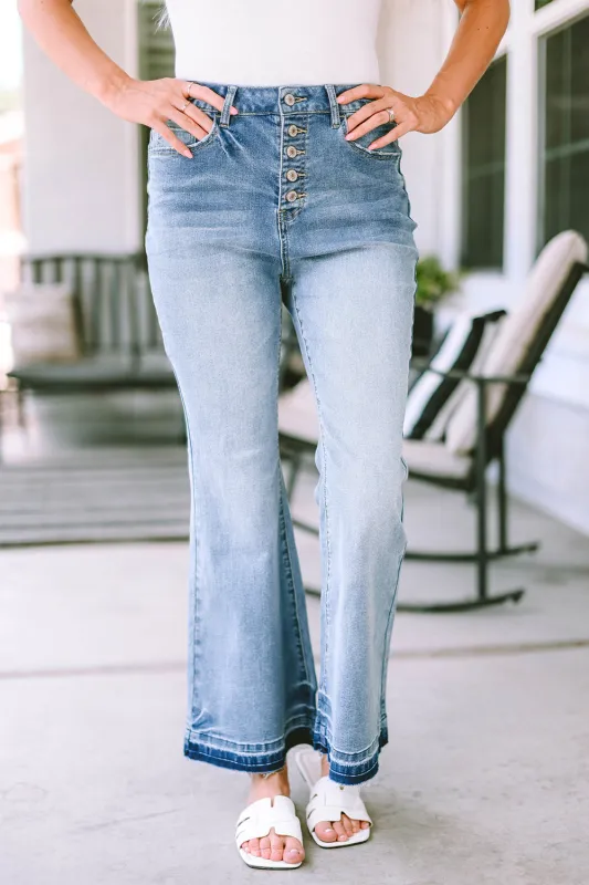 Sky Blue High Waist Buttoned Distressed Flared Jeans sold by Beagle Boutique