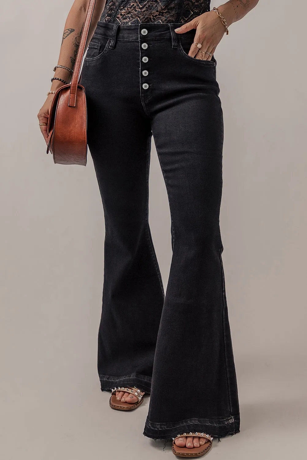 Black High Waist Button Front Flare Jeans sold by Beagle Boutique
