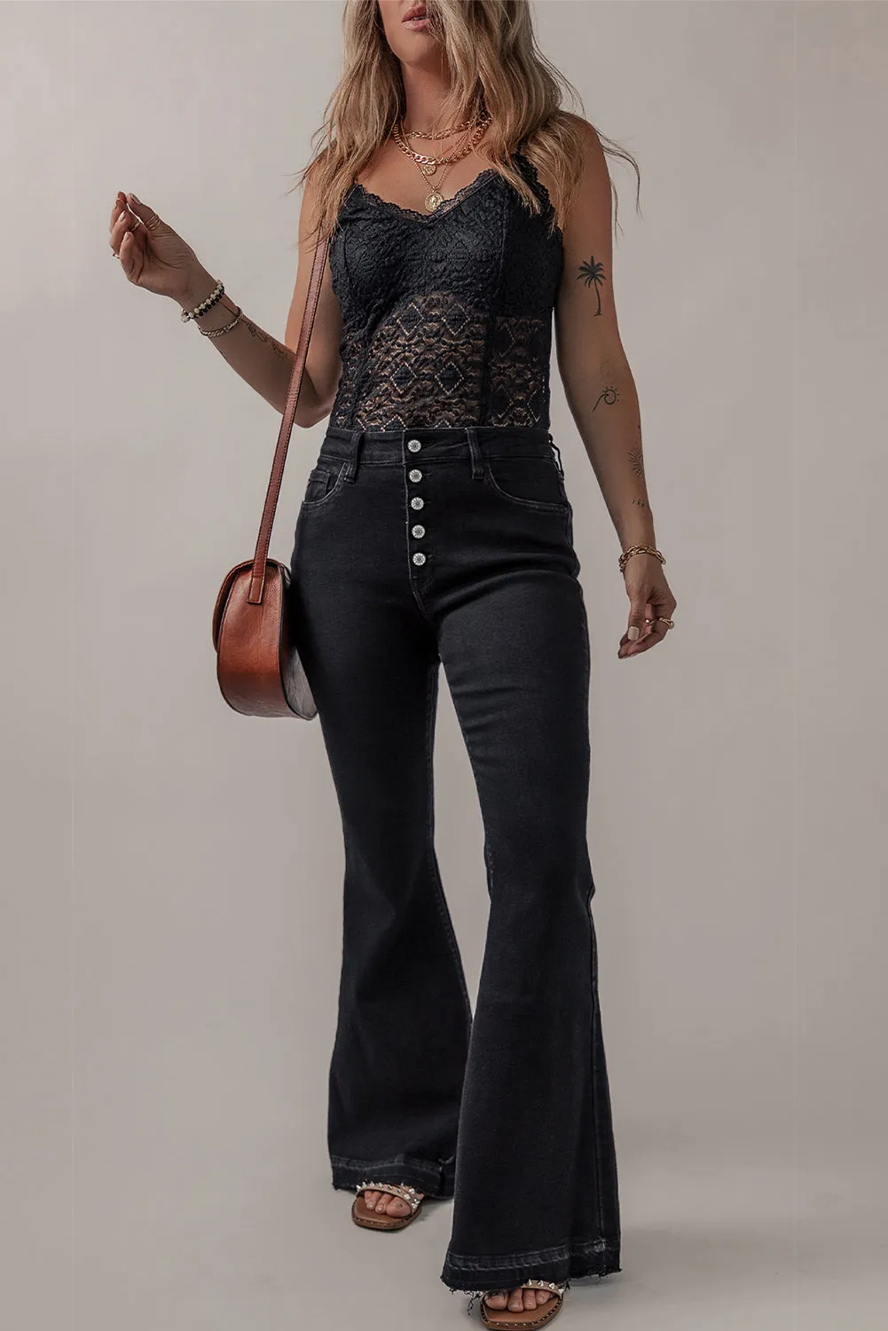 Black High Waist Button Front Flare Jeans sold by Beagle Boutique product image thumbnail 4