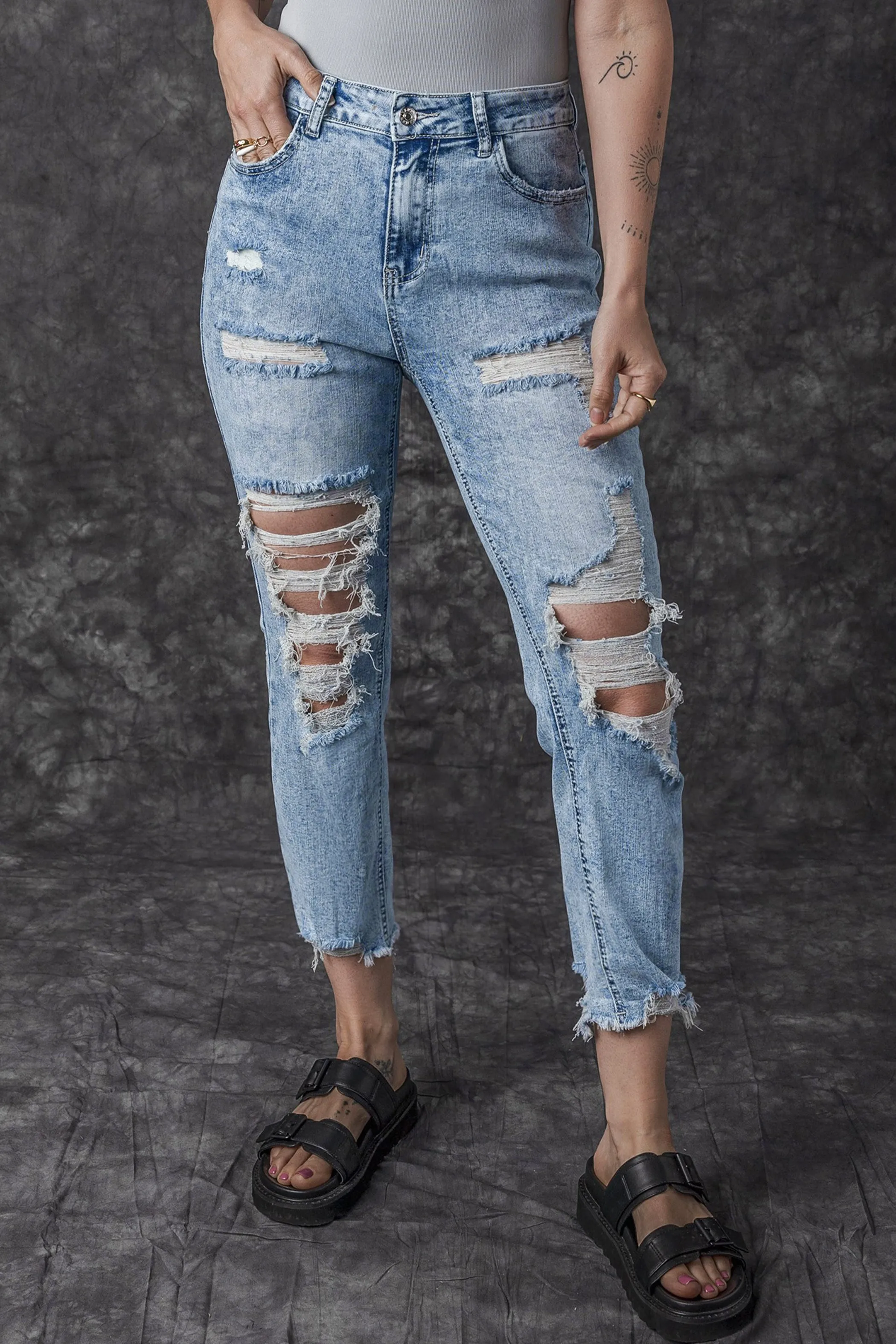 Sky Blue Acid Wash Distressed Slim Fit Jeans sold by Beagle Boutique product image thumbnail 4