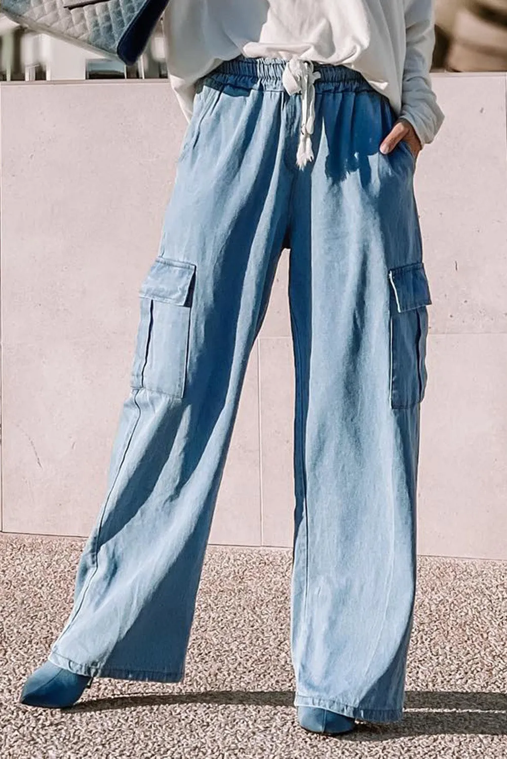 Sky Blue Drawstring High Waist Cargo Pocket Wide Leg Jeans sold by Beagle Boutique