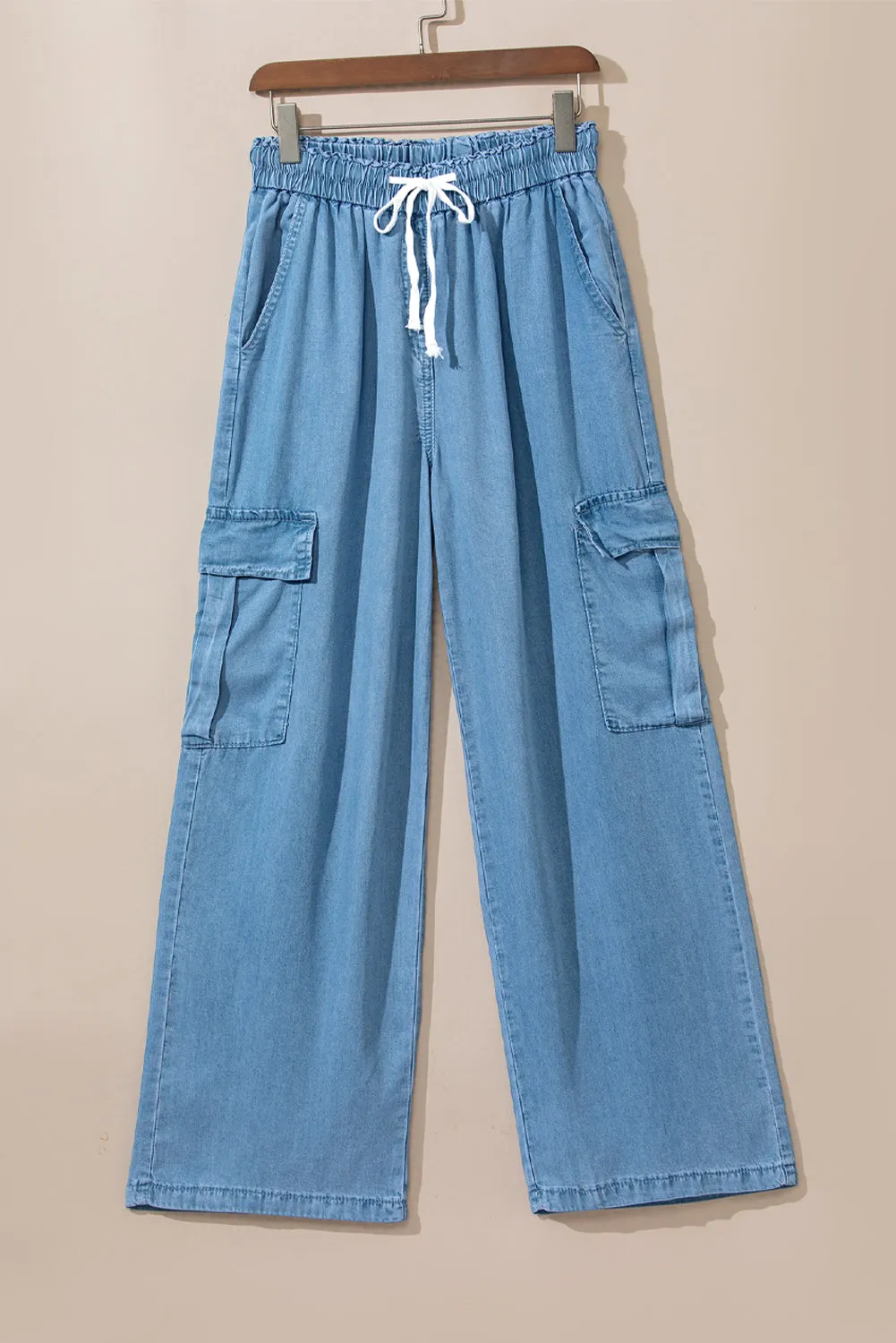 Sky Blue Drawstring High Waist Cargo Pocket Wide Leg Jeans sold by Beagle Boutique product image thumbnail 5