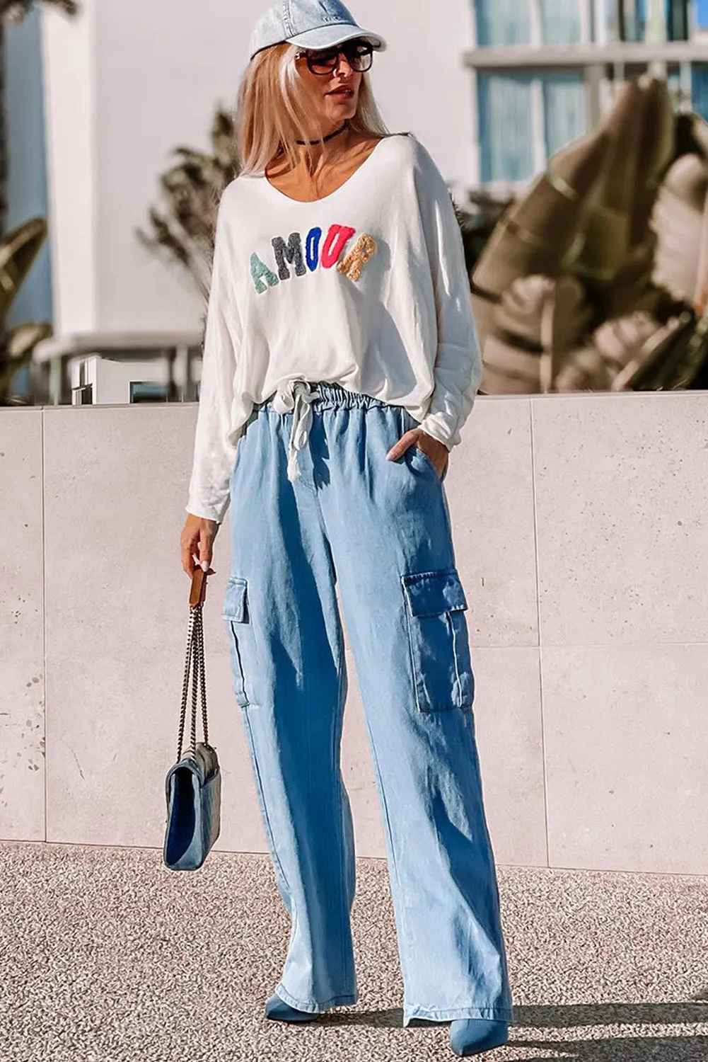 Sky Blue Drawstring High Waist Cargo Pocket Wide Leg Jeans sold by Beagle Boutique product image thumbnail 3