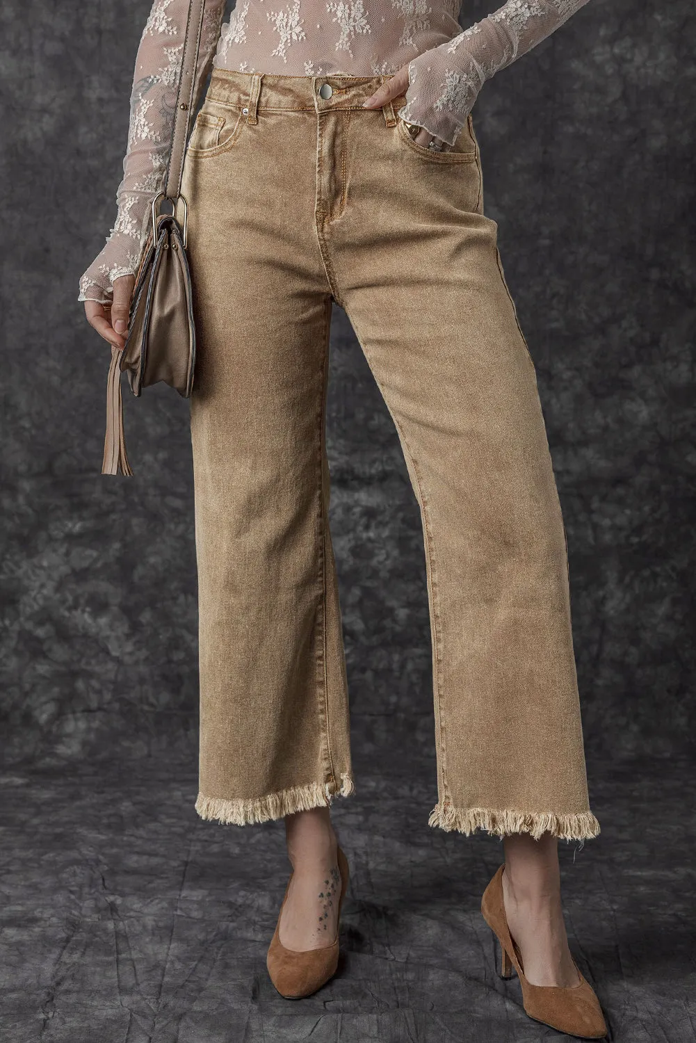 Light French Beige Acid Washed High Rise Cropped Wide Leg Jeans sold by Beagle Boutique product image thumbnail 4