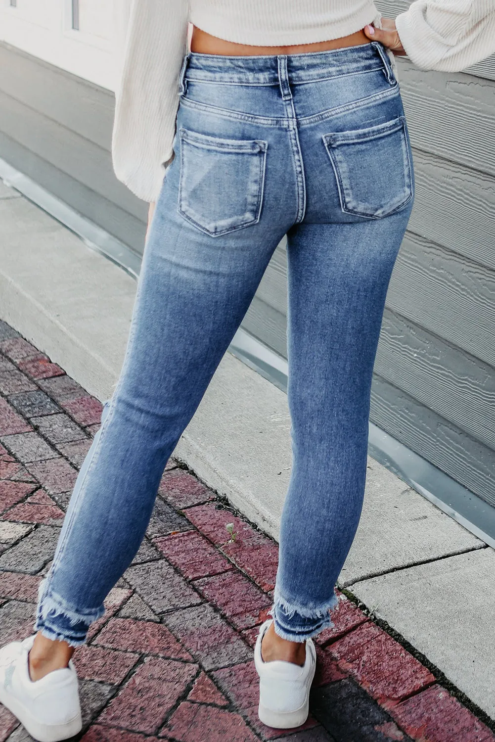Light Blue Distressed Frayed Ankle Skinny Jeans sold by Beagle Boutique product image thumbnail 2