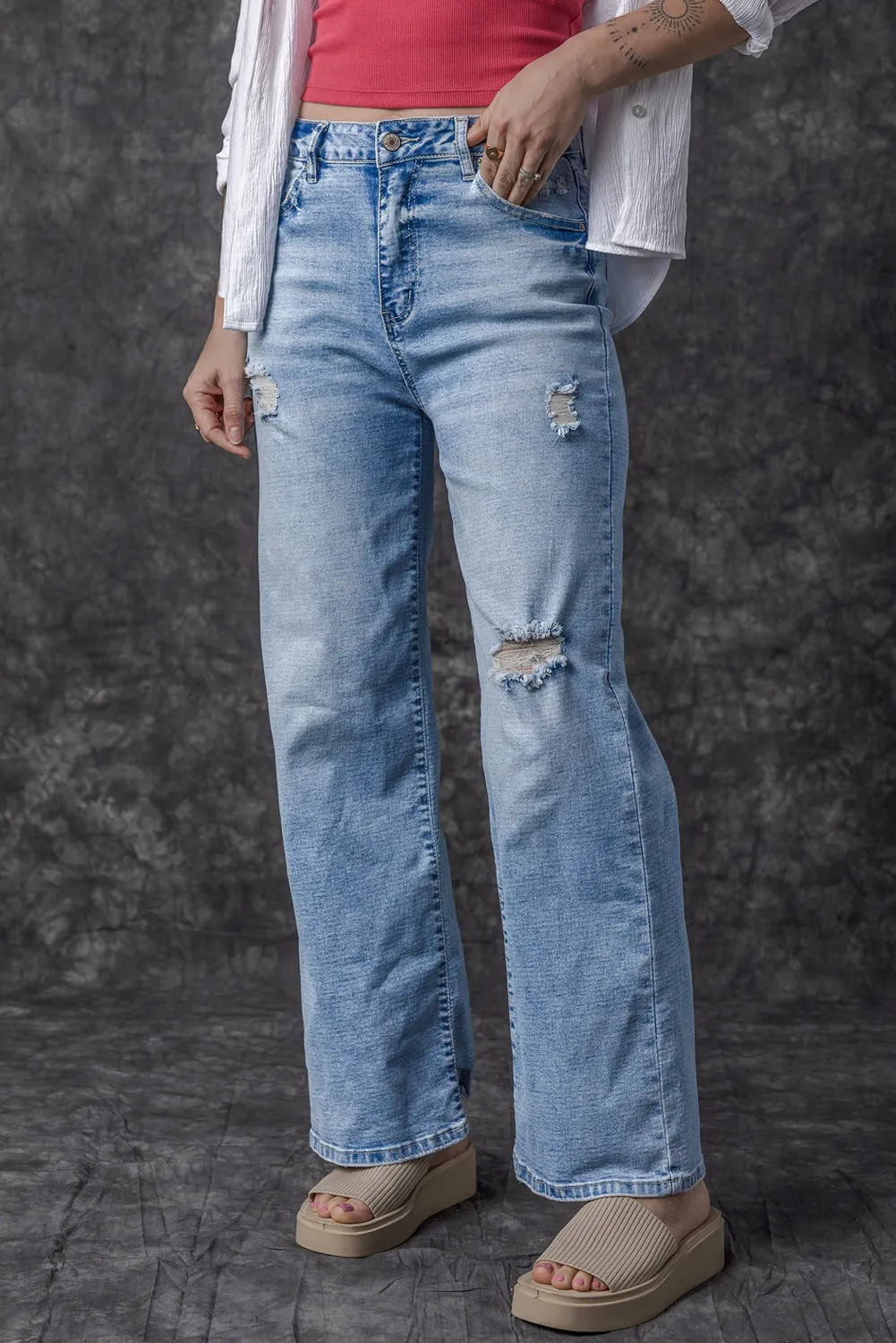 Light Blue High Rise Distressed Straight Leg Jeans sold by Beagle Boutique product image thumbnail 3