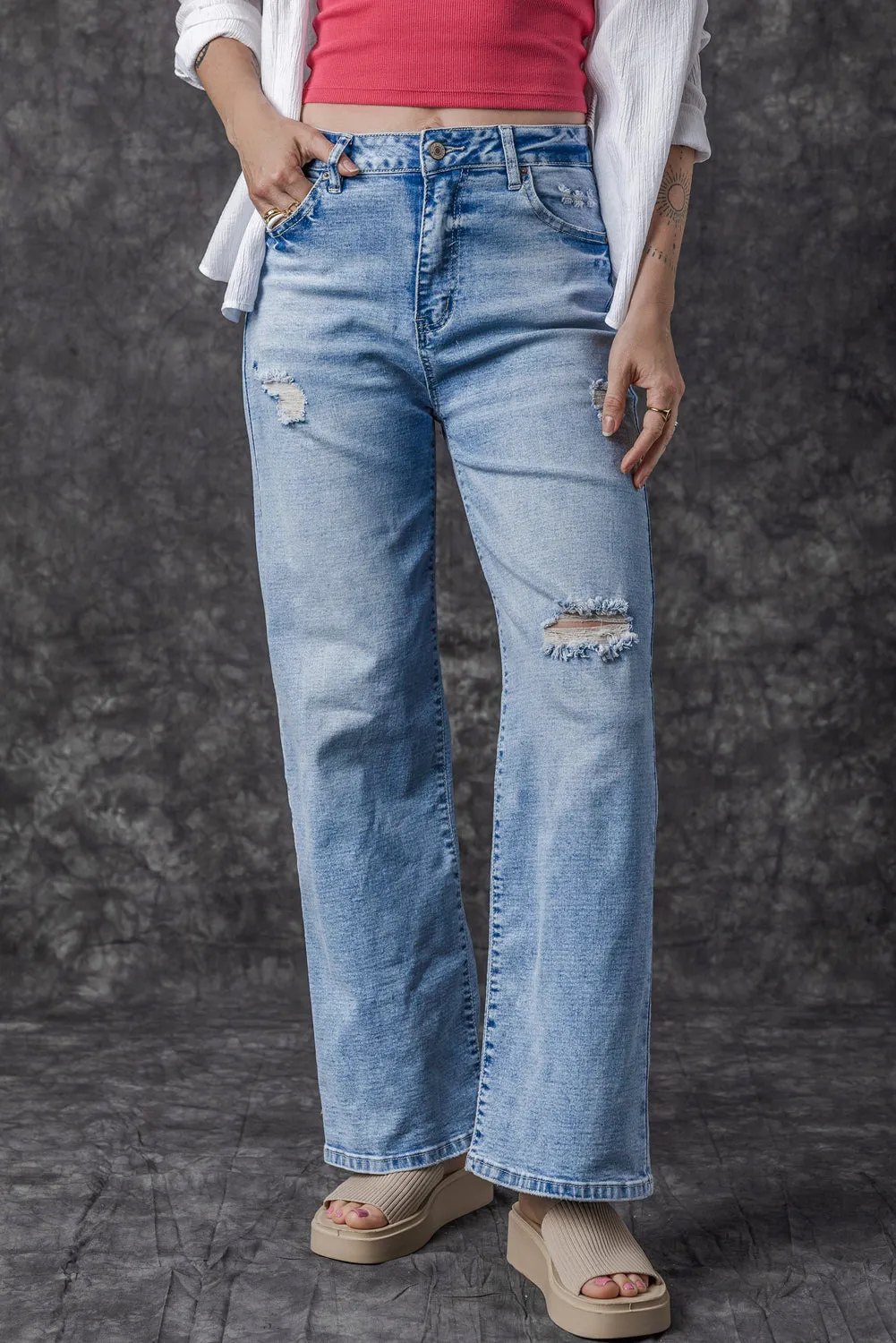 Light Blue High Rise Distressed Straight Leg Jeans sold by Beagle Boutique