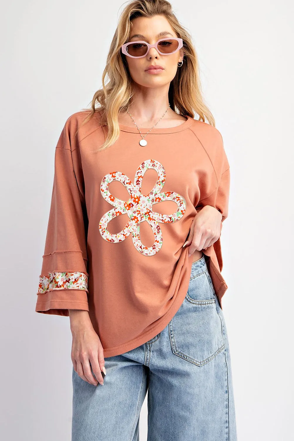 Grapefruit Orange Flower Patch Graphic Exposed Seam Wide Sleeve Top sold by Beagle Boutique product image thumbnail 5