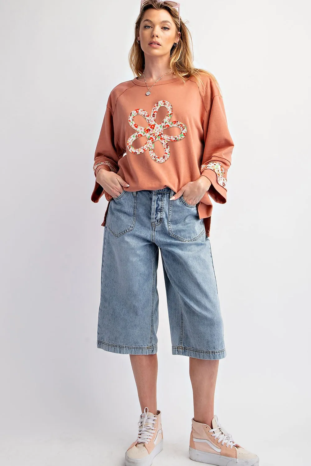 Grapefruit Orange Flower Patch Graphic Exposed Seam Wide Sleeve Top sold by Beagle Boutique product image thumbnail 4