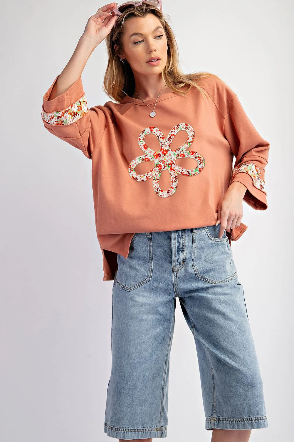 Grapefruit Orange Flower Patch Graphic Exposed Seam Wide Sleeve Top sold by Beagle Boutique product image thumbnail 3