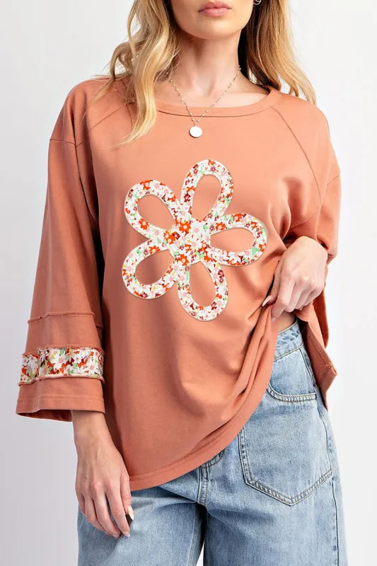 Grapefruit Orange Flower Patch Graphic Exposed Seam Wide Sleeve Top sold by Beagle Boutique