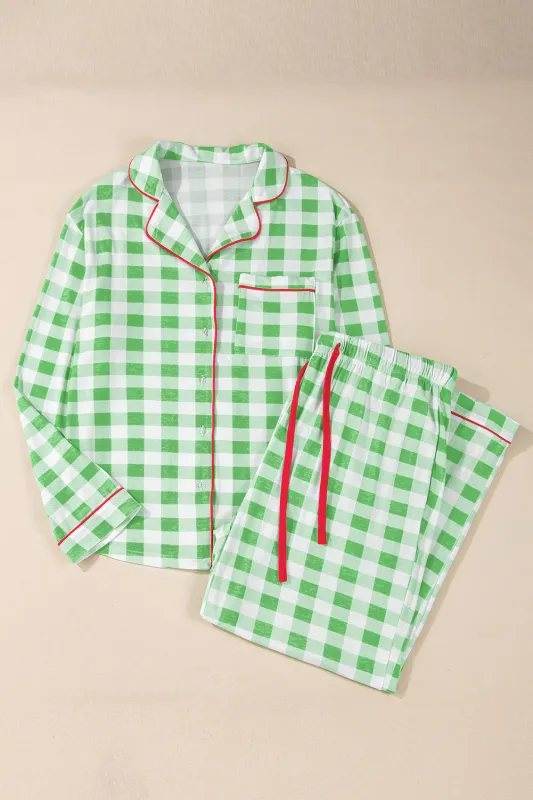 Green Plaid Print Contrast Trim Long Sleeve Plus Size Pyjamas Set sold by Beagle Boutique