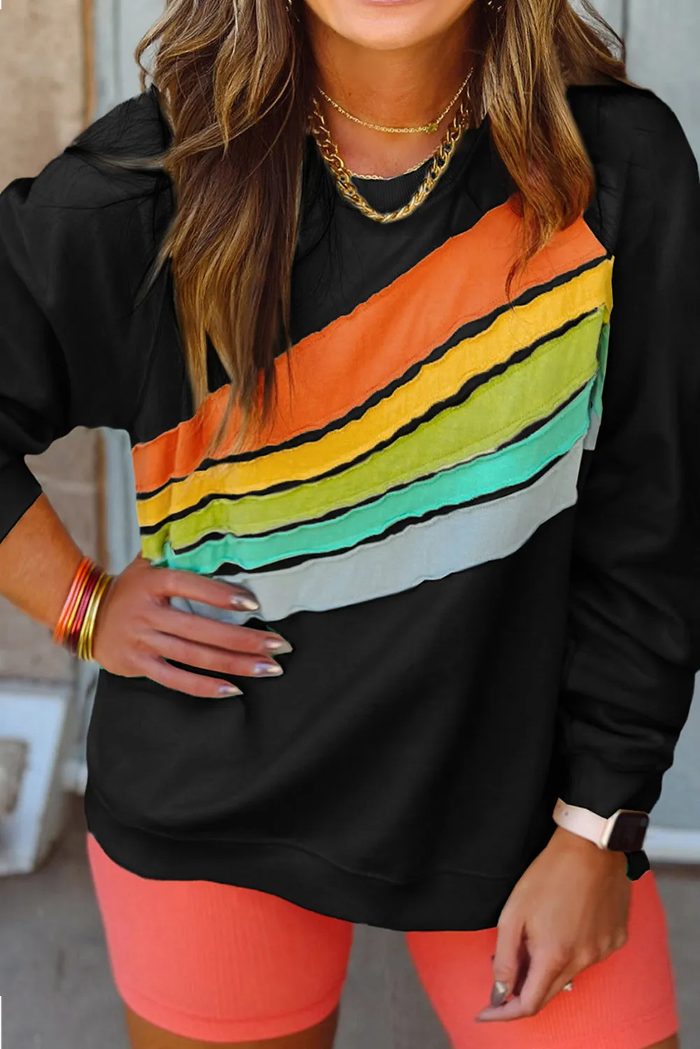 Black Rainbow Raglan Sleeve Crew Neck Plus Size Sweatshirt sold by Beagle Boutique
