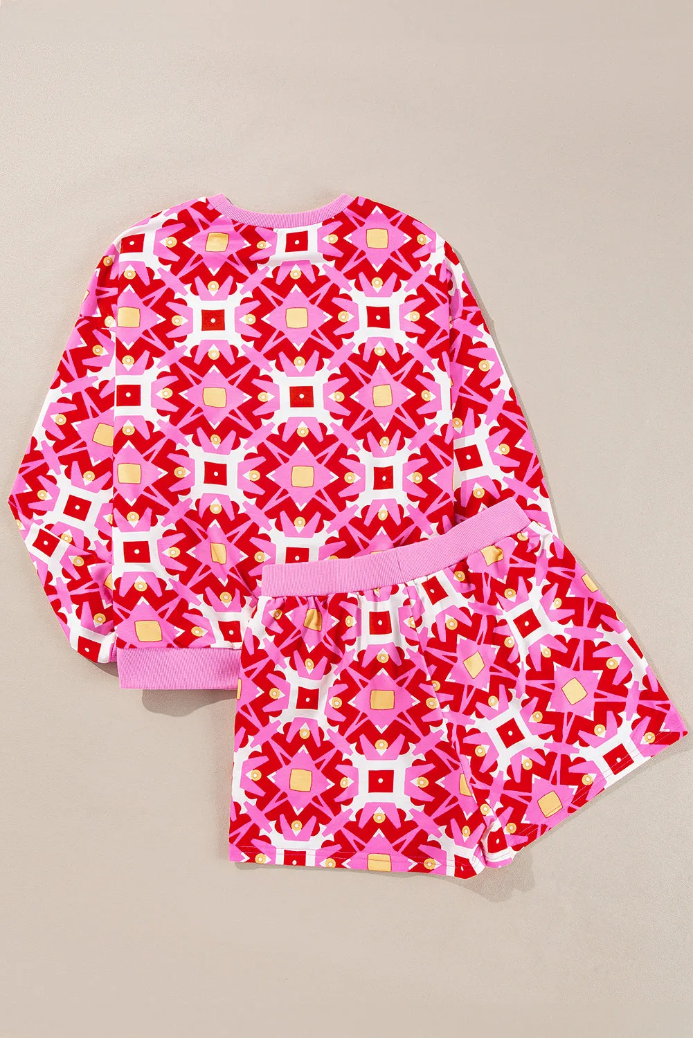 Sachet Pink Geometric Print Long Sleeve Top and Drawstring Shorts Set sold by Beagle Boutique product image thumbnail 3