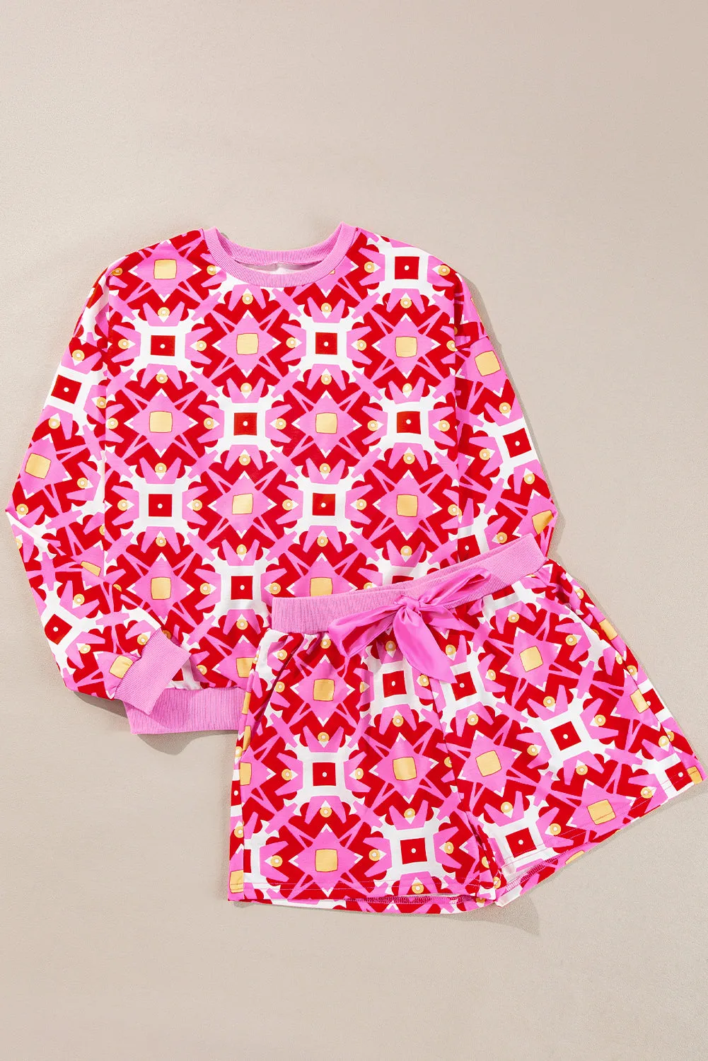 Sachet Pink Geometric Print Long Sleeve Top and Drawstring Shorts Set sold by Beagle Boutique product image thumbnail 2
