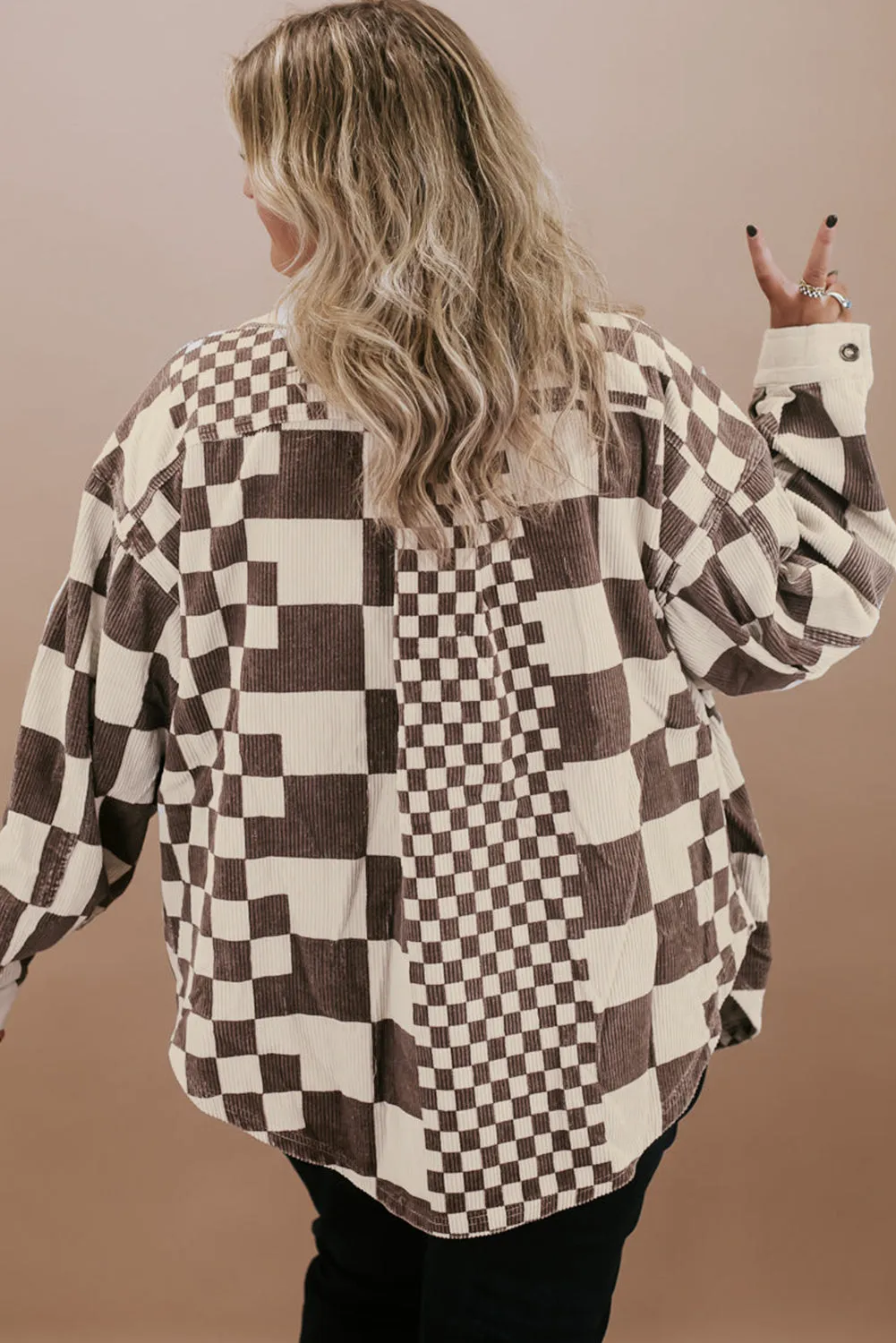 Brown Colour Block Checkered Print Corduroy Plus Size Shacket sold by Beagle Boutique product image thumbnail 2
